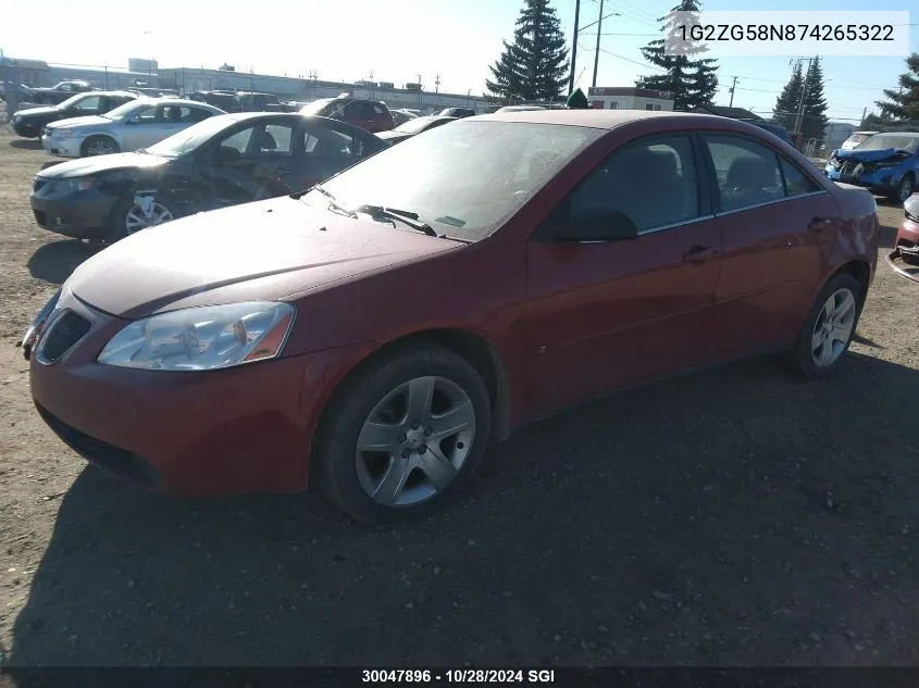 2007 Pontiac G6 Se VIN: 1G2ZG58N874265322 Lot: 30047896