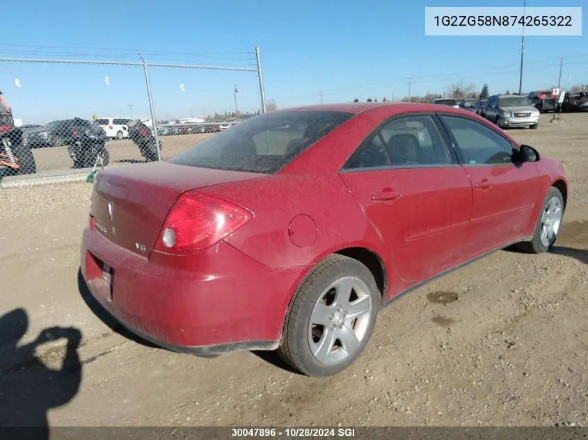 2007 Pontiac G6 Se VIN: 1G2ZG58N874265322 Lot: 30047896