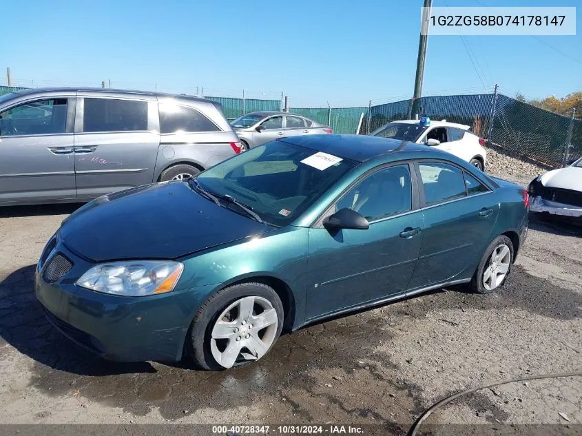 2007 Pontiac G6 VIN: 1G2ZG58B074178147 Lot: 40728347