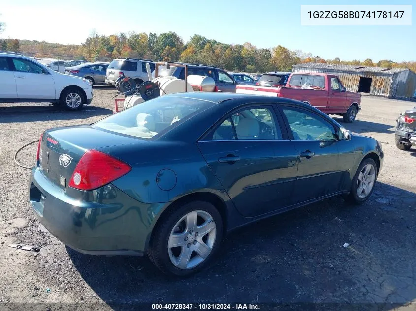 2007 Pontiac G6 VIN: 1G2ZG58B074178147 Lot: 40728347