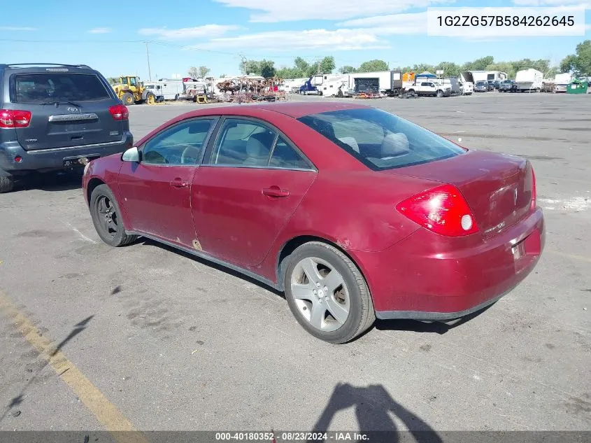 2008 Pontiac G6 VIN: 1G2ZG57B584262645 Lot: 40180352