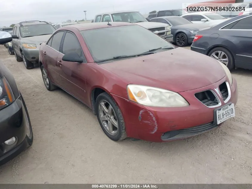 2008 Pontiac G6 VIN: 1G2ZG57N584302684 Lot: 40763299