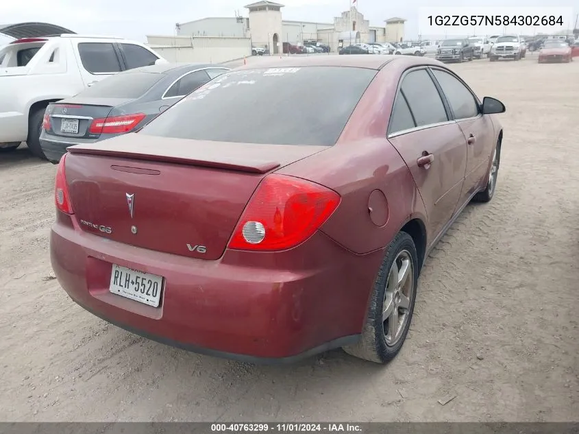 2008 Pontiac G6 VIN: 1G2ZG57N584302684 Lot: 40763299