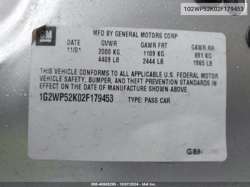 2002 Pontiac Grand Prix Gt VIN: 1G2WP52K02F179453 Lot: 40505295