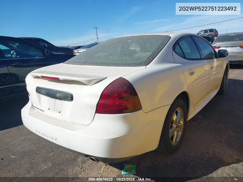 2005 Pontiac Grand Prix VIN: 2G2WP522751223492 Lot: 40670022