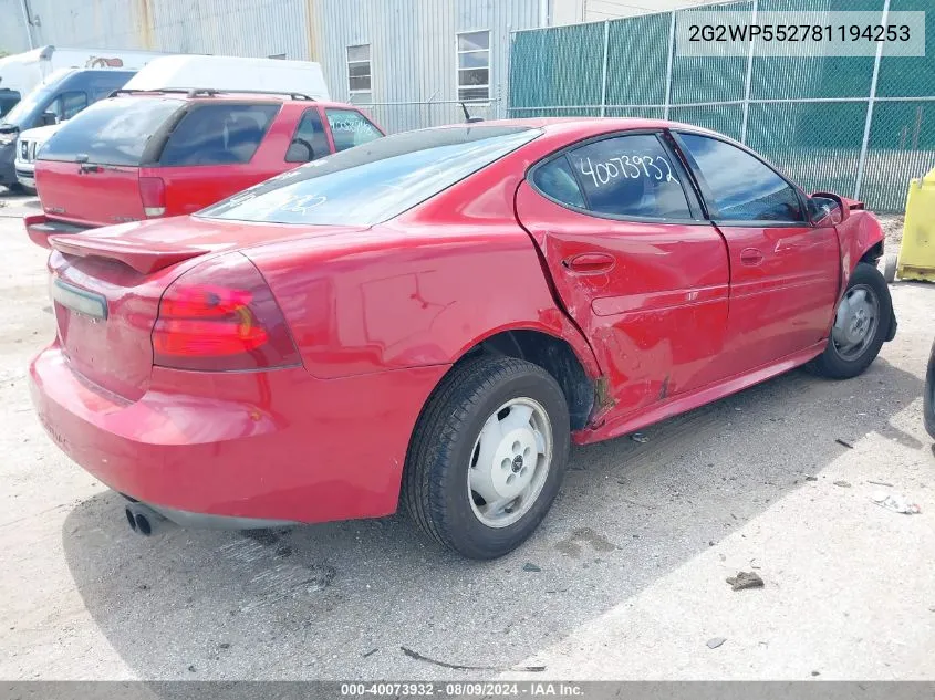 2008 Pontiac Grand Prix VIN: 2G2WP552781194253 Lot: 40073932