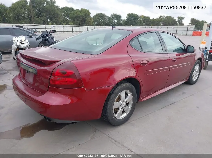 2008 Pontiac Grand Prix VIN: 2G2WP552081150837 Lot: 40233137