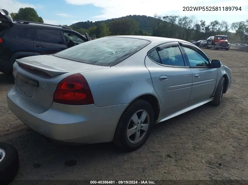 2008 Pontiac Grand Prix VIN: 2G2WP552581189794 Lot: 40386481