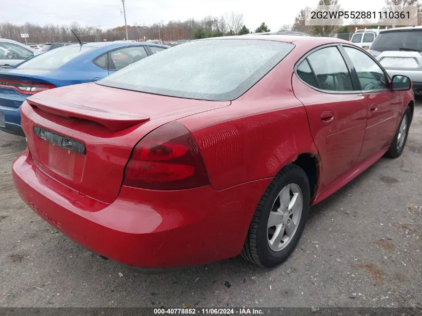 2008 Pontiac Grand Prix VIN: 2G2WP552881110361 Lot: 40778852