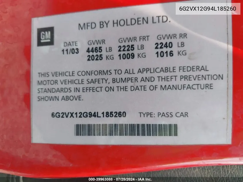 6G2VX12G94L185260 2004 Pontiac Gto