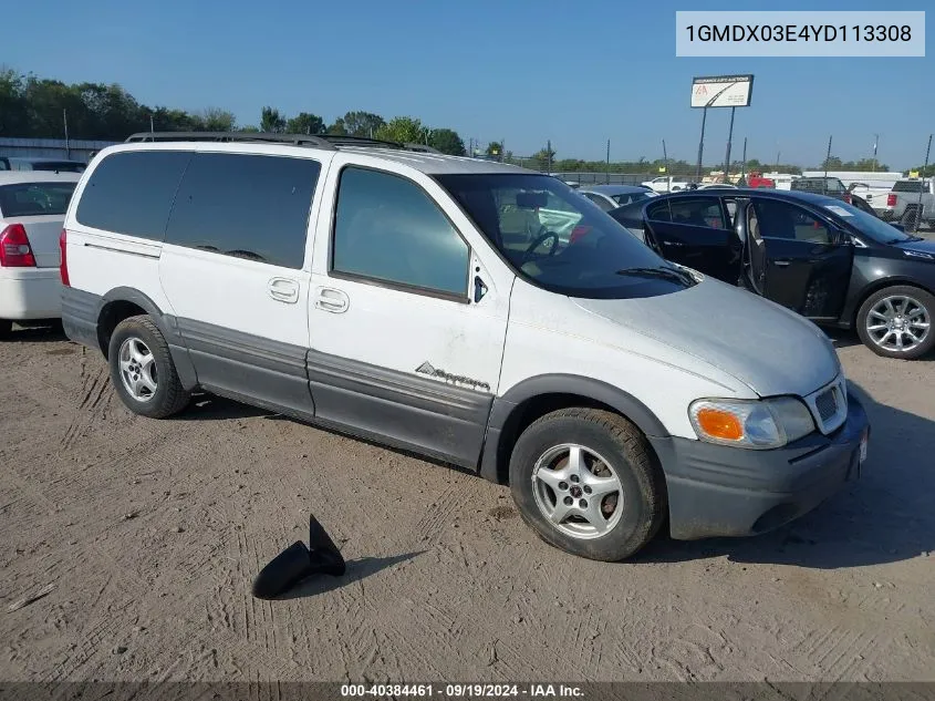 2000 Pontiac Montana M16 VIN: 1GMDX03E4YD113308 Lot: 40384461