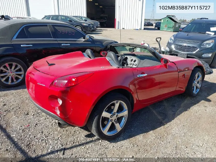 2007 Pontiac Solstice VIN: 1G2MB35B87Y115727 Lot: 40574491