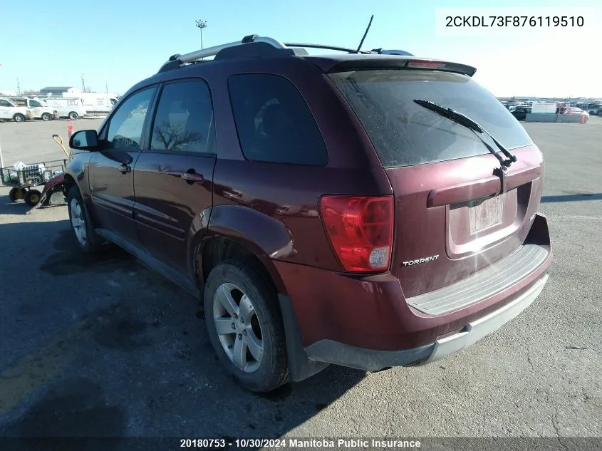 2007 Pontiac Torrent VIN: 2CKDL73F876119510 Lot: 20180753