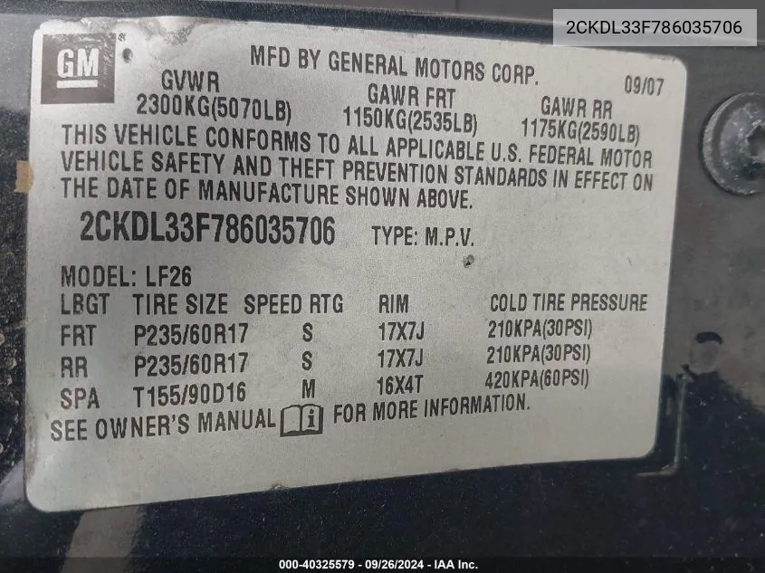 2008 Pontiac Torrent VIN: 2CKDL33F786035706 Lot: 40325579