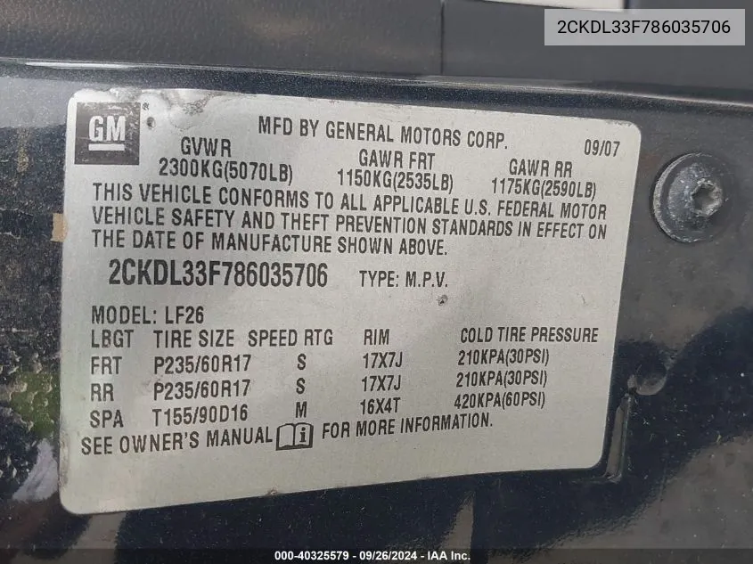 2008 Pontiac Torrent VIN: 2CKDL33F786035706 Lot: 40325579