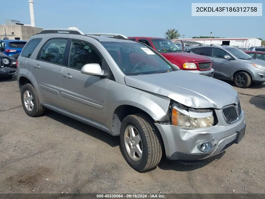 2008 Pontiac Torrent VIN: 2CKDL43F186312758 Lot: 40330064