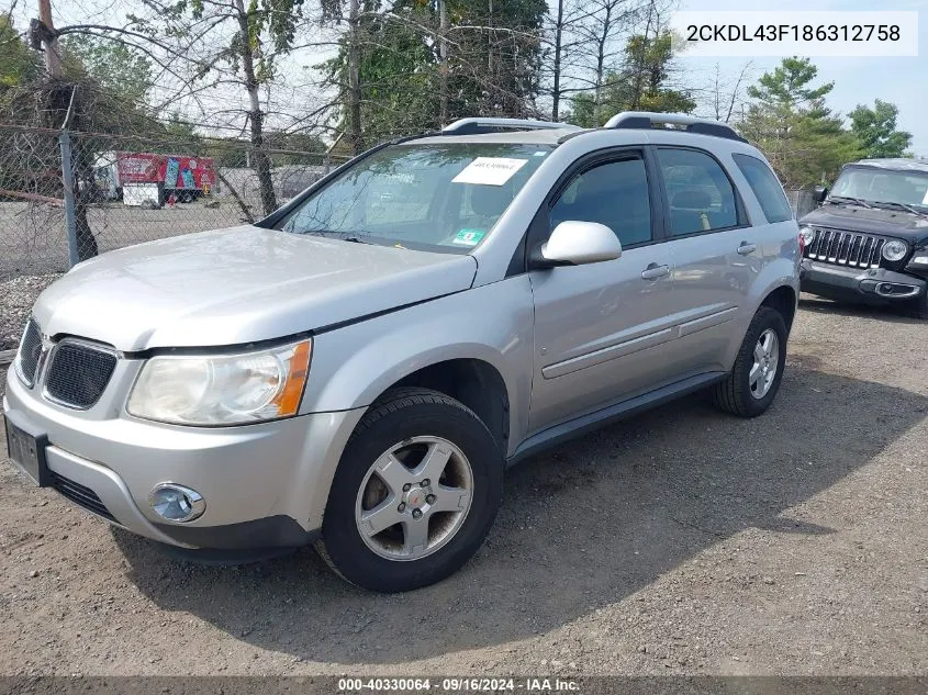 2008 Pontiac Torrent VIN: 2CKDL43F186312758 Lot: 40330064