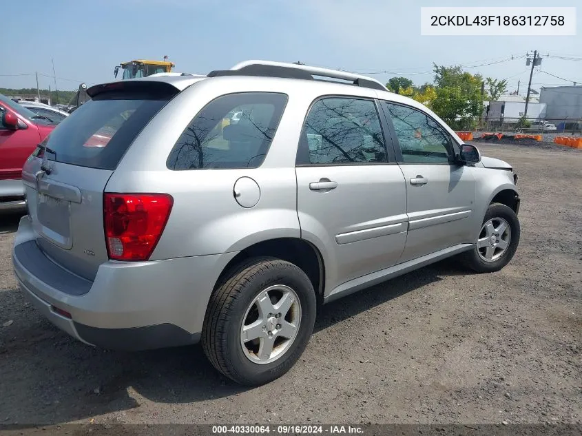 2008 Pontiac Torrent VIN: 2CKDL43F186312758 Lot: 40330064