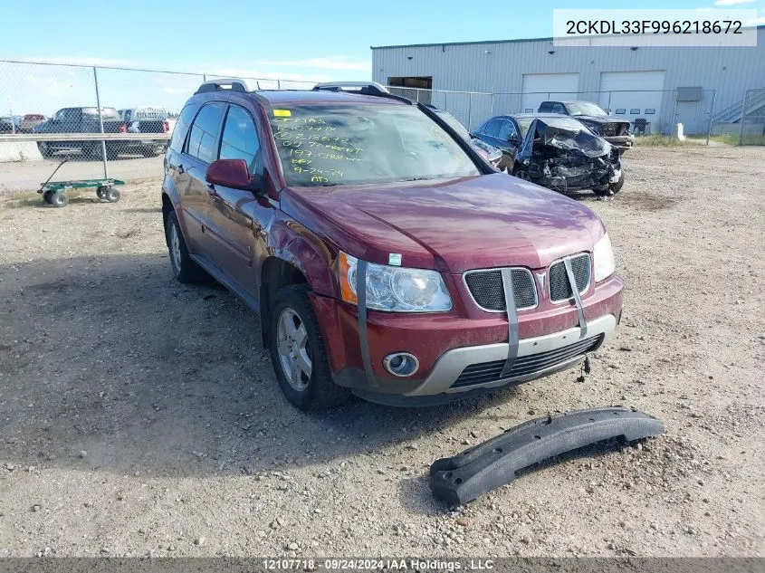 2009 Pontiac Torrent VIN: 2CKDL33F996218672 Lot: 12107718