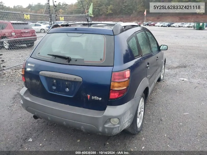 2003 Pontiac Vibe VIN: 5Y2SL62833Z421118 Lot: 40538380