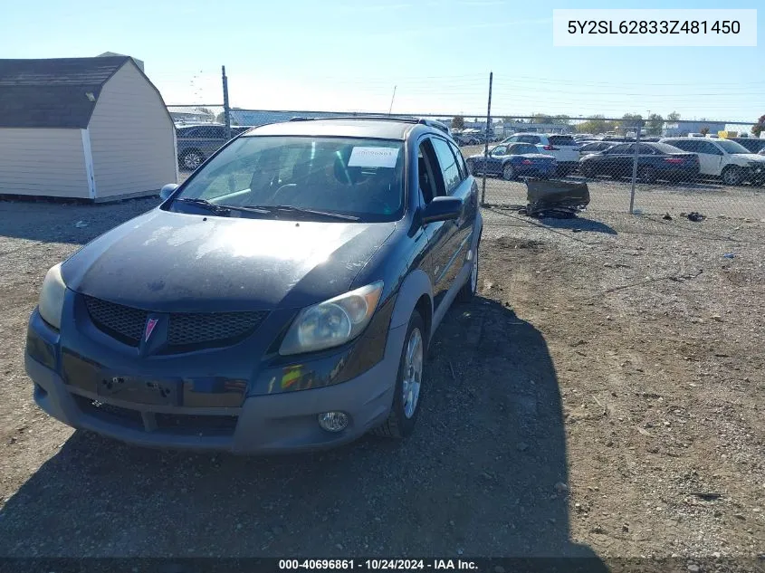 2003 Pontiac Vibe VIN: 5Y2SL62833Z481450 Lot: 40696861