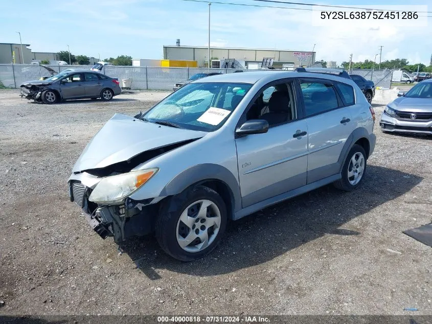 2005 Pontiac Vibe VIN: 5Y2SL63875Z451286 Lot: 40000818