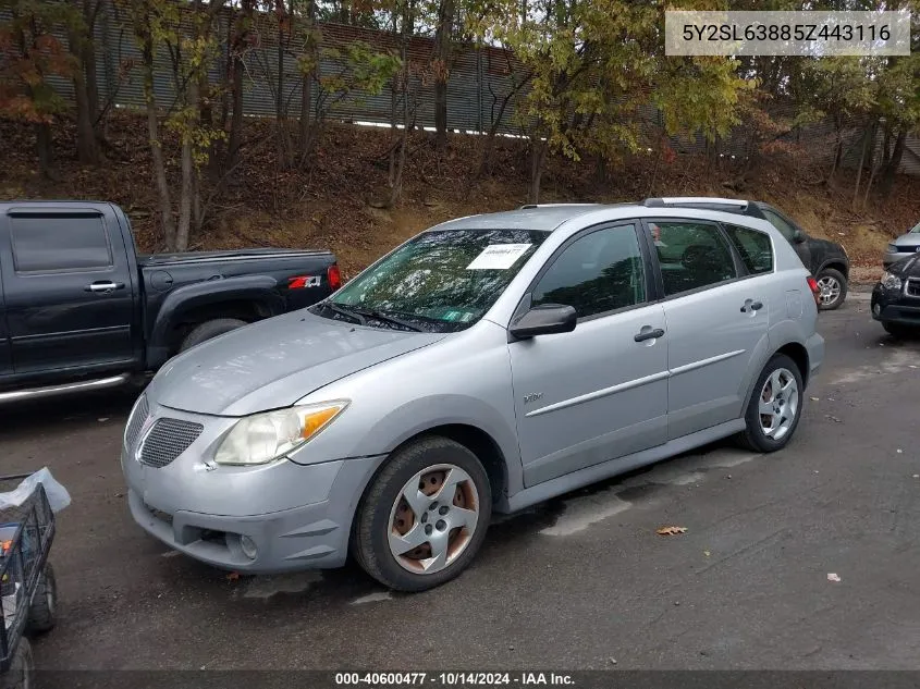 2005 Pontiac Vibe VIN: 5Y2SL63885Z443116 Lot: 40600477