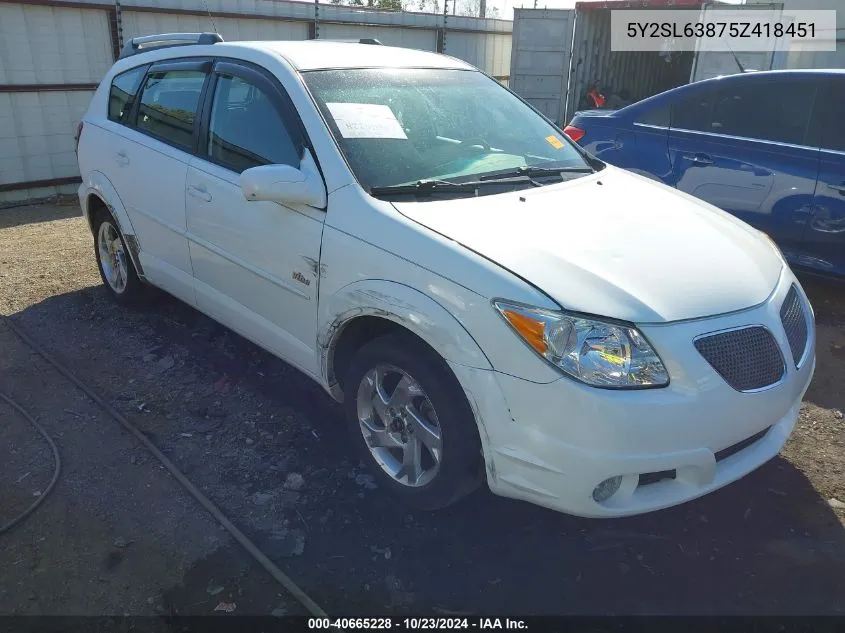 2005 Pontiac Vibe VIN: 5Y2SL63875Z418451 Lot: 40665228