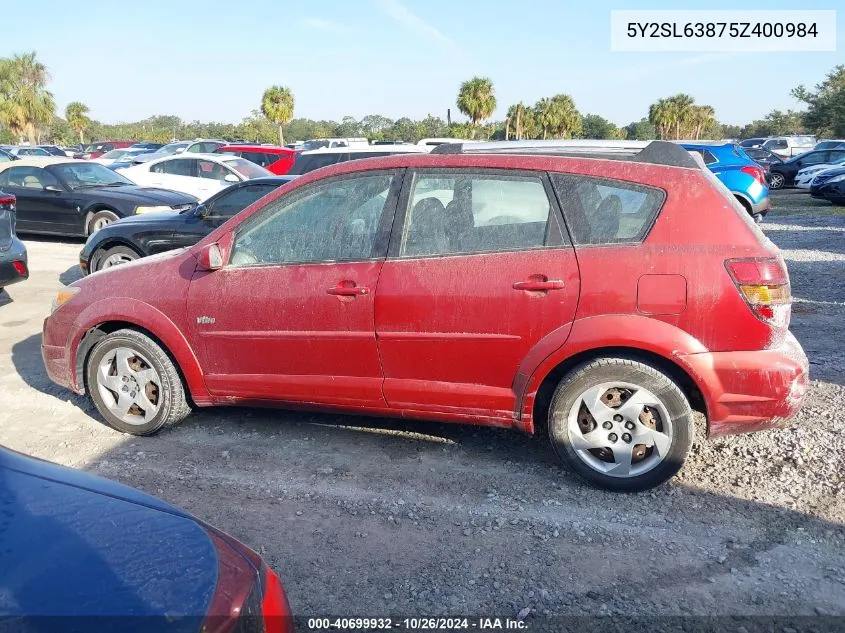 2005 Pontiac Vibe VIN: 5Y2SL63875Z400984 Lot: 40699932