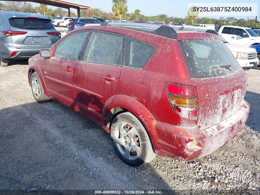 2005 Pontiac Vibe VIN: 5Y2SL63875Z400984 Lot: 40699932