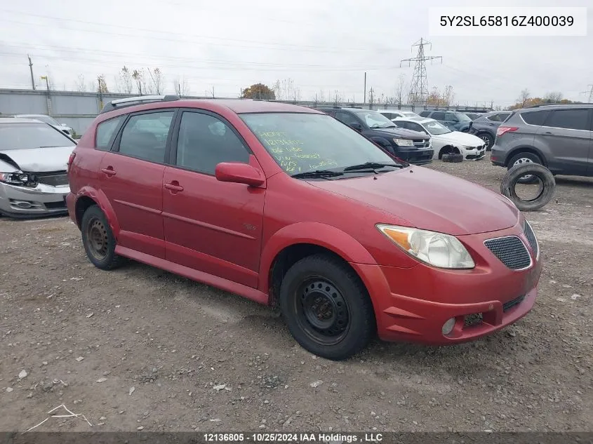 2006 Pontiac Vibe VIN: 5Y2SL65816Z400039 Lot: 12136805