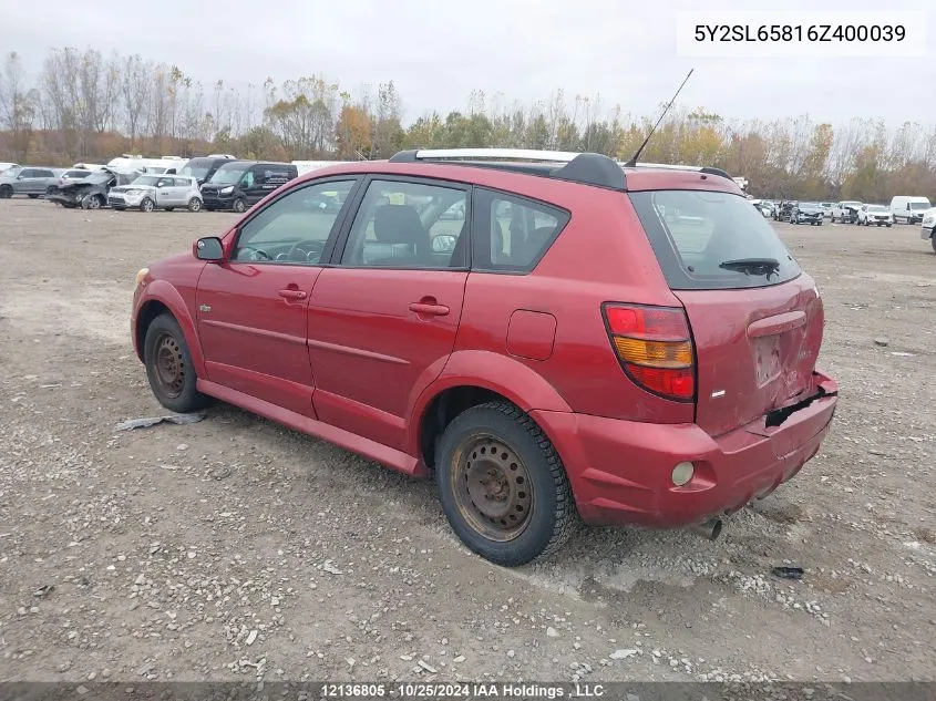 2006 Pontiac Vibe VIN: 5Y2SL65816Z400039 Lot: 12136805