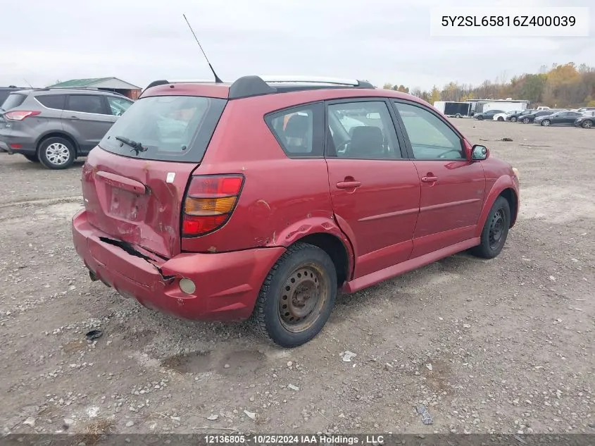 2006 Pontiac Vibe VIN: 5Y2SL65816Z400039 Lot: 12136805