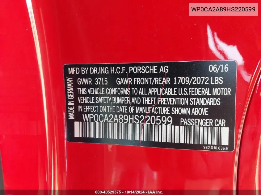 2017 Porsche 718 Boxster VIN: WP0CA2A89HS220599 Lot: 40529375