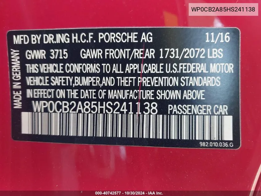 2017 Porsche 718 Boxster S VIN: WP0CB2A85HS241138 Lot: 40742577