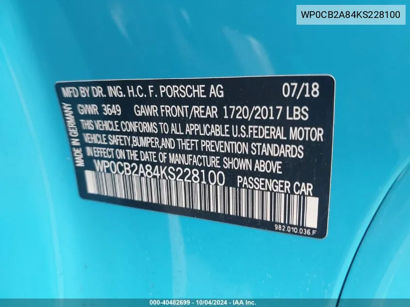 2019 Porsche 718 Boxster Gts/S VIN: WP0CB2A84KS228100 Lot: 40482699