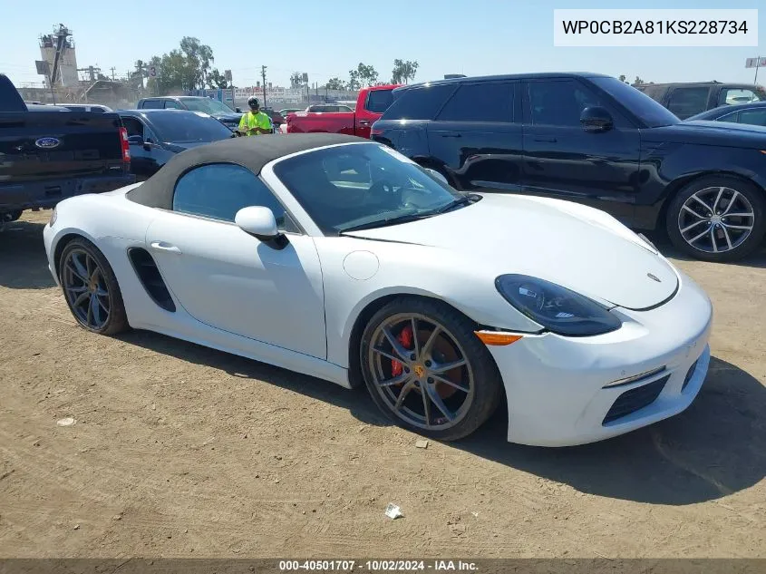 2019 Porsche 718 Boxster S VIN: WP0CB2A81KS228734 Lot: 40501707