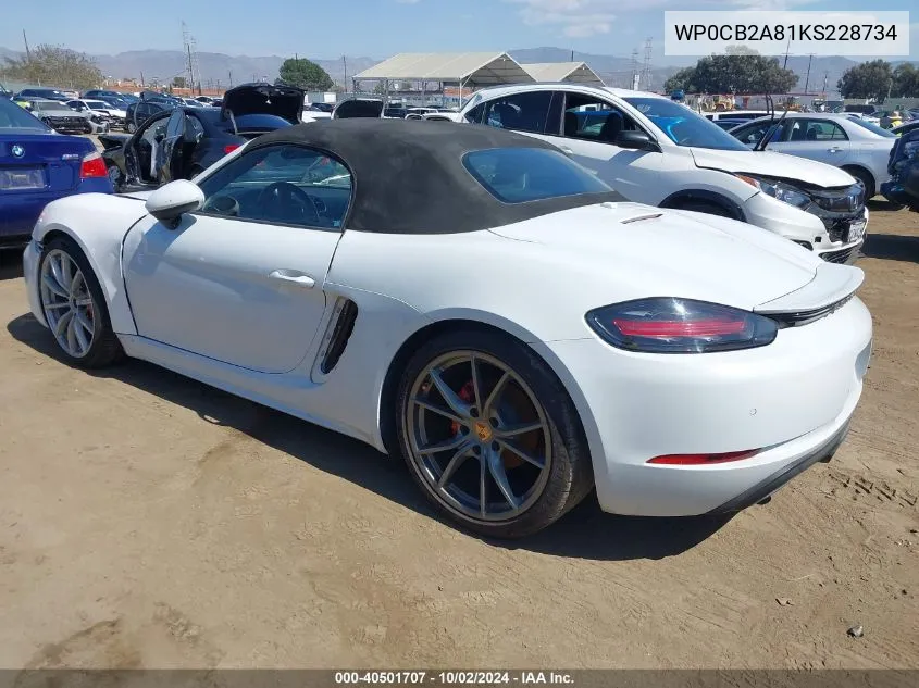 2019 Porsche 718 Boxster S VIN: WP0CB2A81KS228734 Lot: 40501707