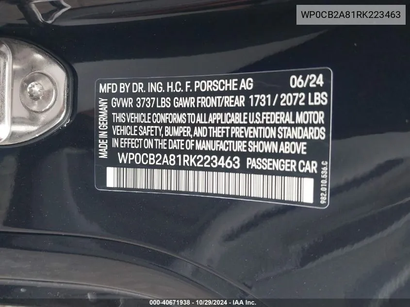 2024 Porsche 718 Boxster S VIN: WP0CB2A81RK223463 Lot: 40671938