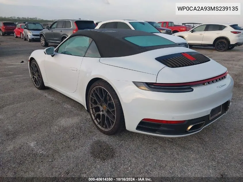 2021 Porsche 911 Carrera 4 /Carrera VIN: WP0CA2A93MS239135 Lot: 40614350