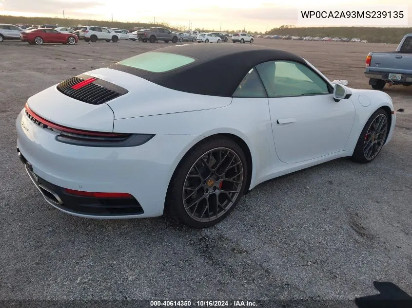 2021 Porsche 911 Carrera 4 /Carrera VIN: WP0CA2A93MS239135 Lot: 40614350