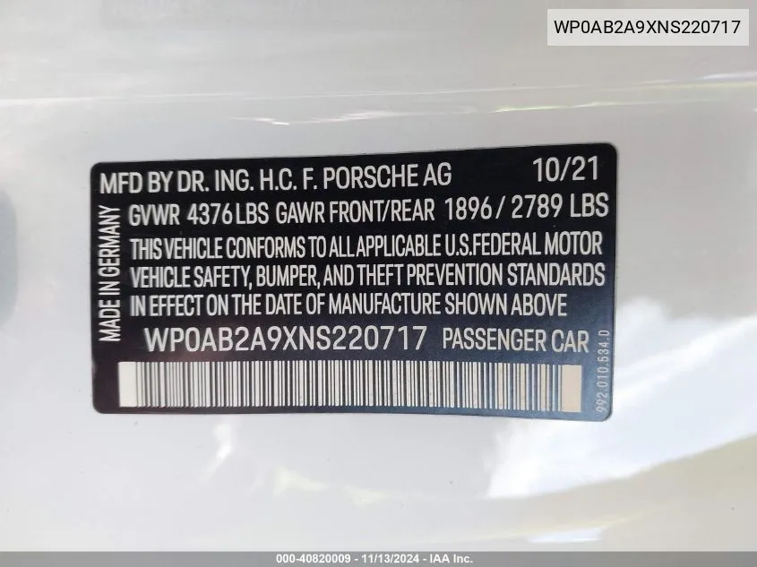 2022 Porsche 911 Carrera 4 Gts/Carrera 4S/Carrera Gts/Carrera S VIN: WP0AB2A9XNS220717 Lot: 40820009