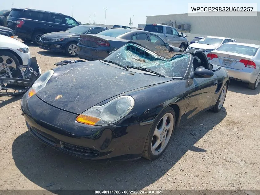 2002 Porsche Boxster S VIN: WP0CB29832U662257 Lot: 40111786