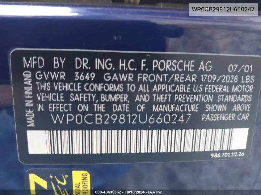 2002 Porsche Boxster S VIN: WP0CB29812U660247 Lot: 40495862