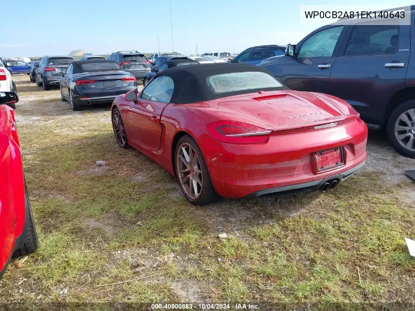 2014 Porsche Boxster S VIN: WP0CB2A81EK140643 Lot: 40500863