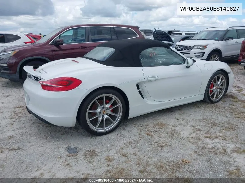 2014 Porsche Boxster S VIN: WP0CB2A80ES140827 Lot: 40516400