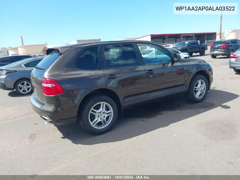 2010 Porsche Cayenne VIN: WP1AA2AP0ALA03522 Lot: 40453661