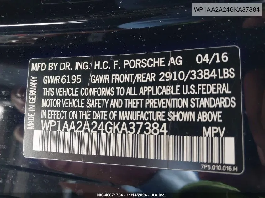 WP1AA2A24GKA37384 2016 Porsche Cayenne