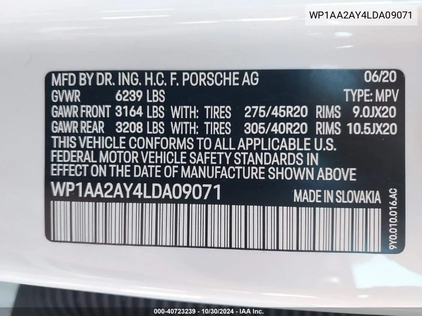 2020 Porsche Cayenne VIN: WP1AA2AY4LDA09071 Lot: 40723239