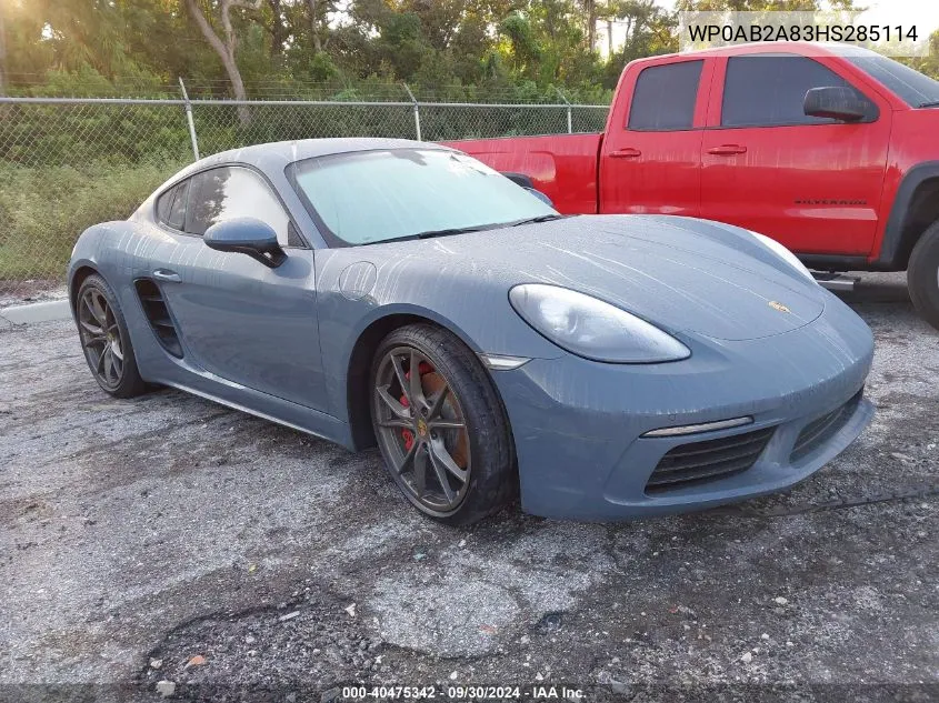 2017 Porsche Cayman S VIN: WP0AB2A83HS285114 Lot: 40475342